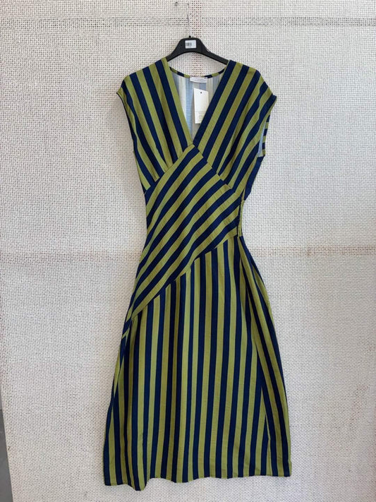 Vestido Rayas Escote Pico con Pieza Cruzada