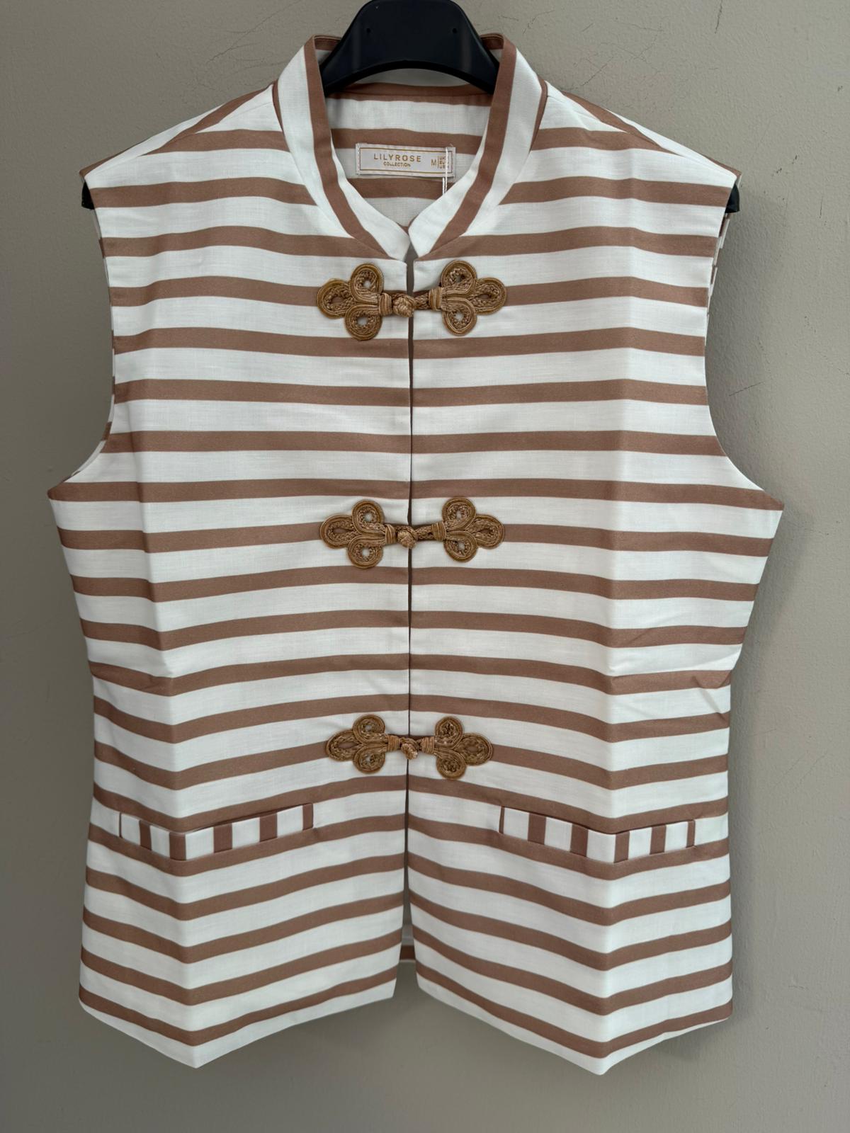 Chaleco Rayas Camel y Blanco Cuello Mao