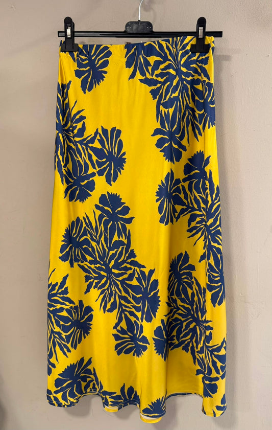 Falda Satinada Amarilla print hojas azules