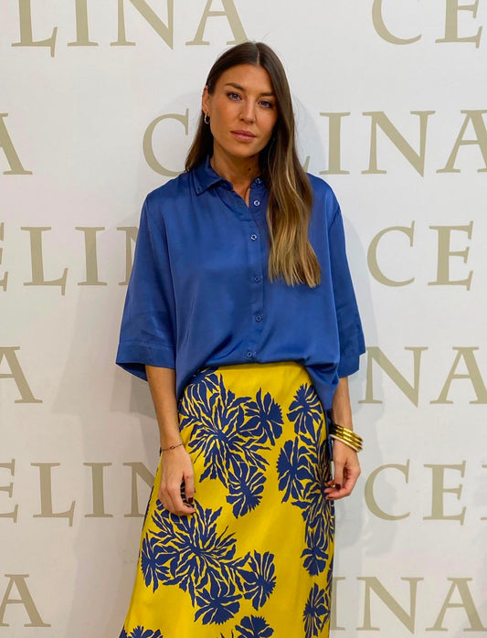 Falda Satinada Amarilla print hojas azules