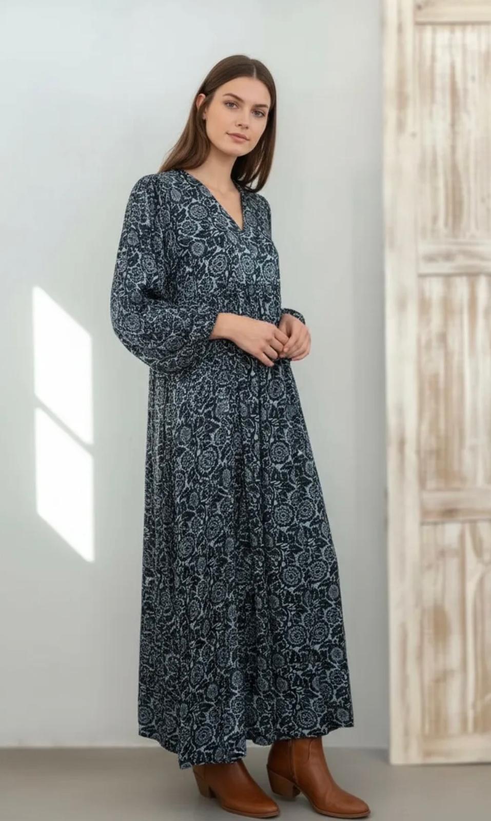 Vestido túnica satinado azul floral DONDOLA