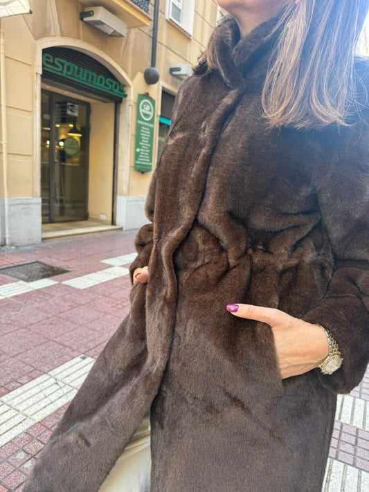 Abrigo Largo Efecto Visón Rasado Mujer - Pelo Premium Marrón | Dondola