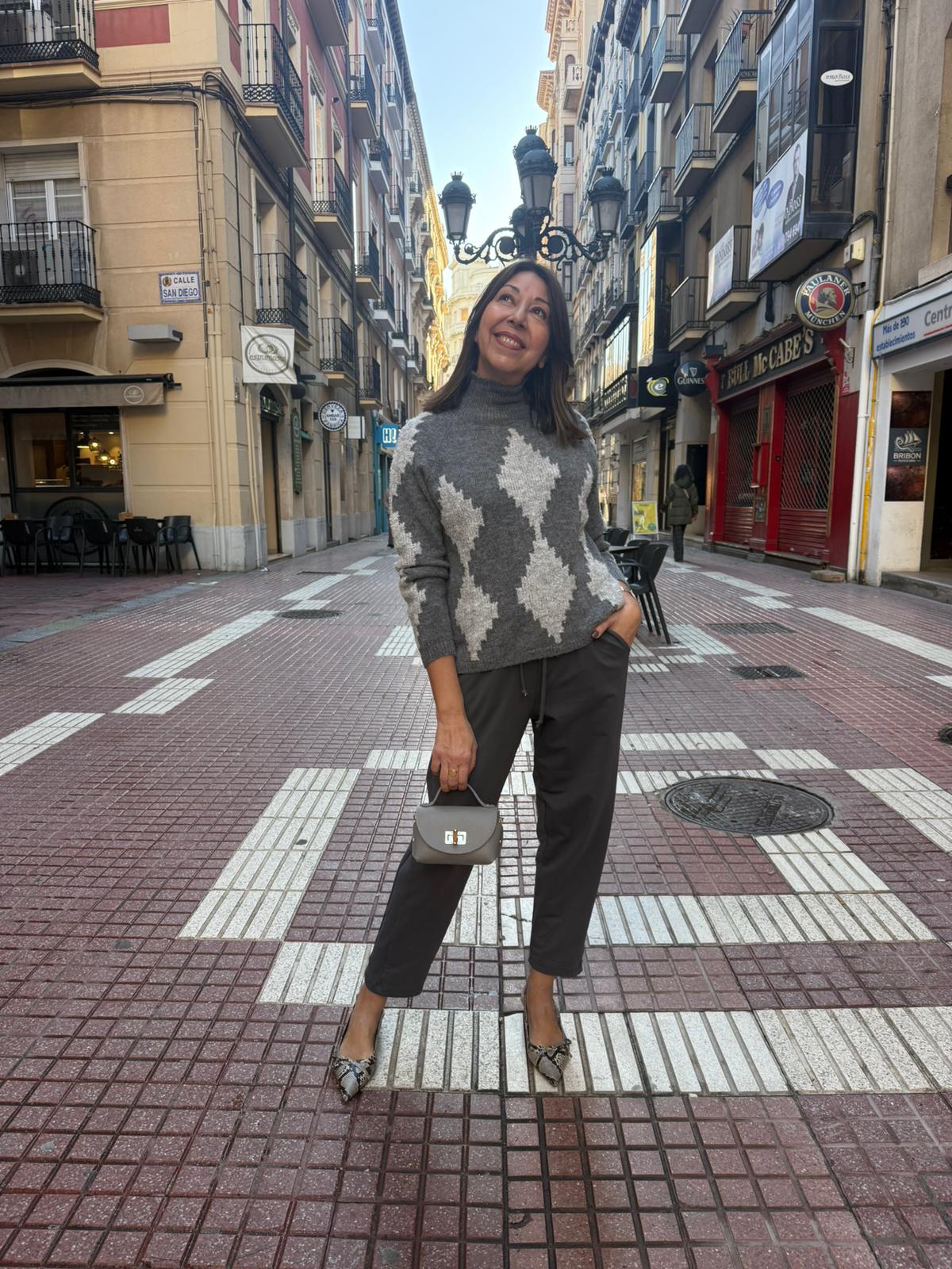 Jersey  Gris Rombos Cuello Perkins - Lana y Acrílico