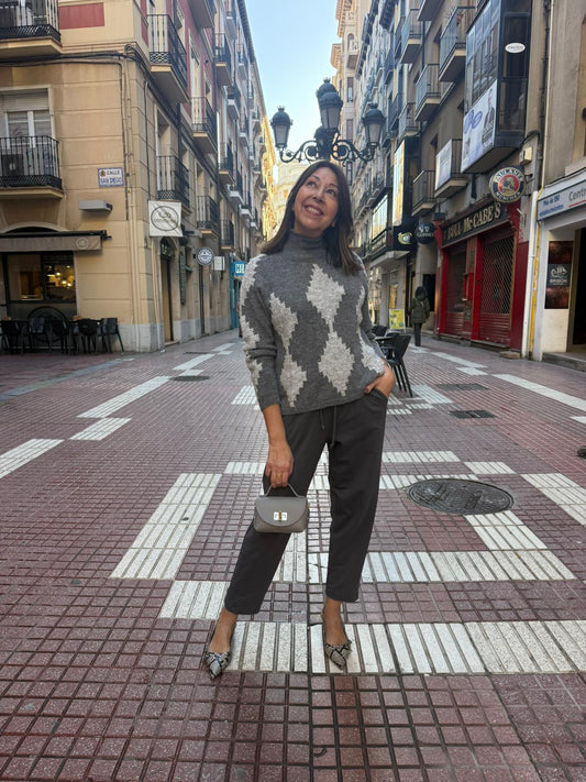 Jersey  Gris Rombos Cuello Perkins - Lana y Acrílico