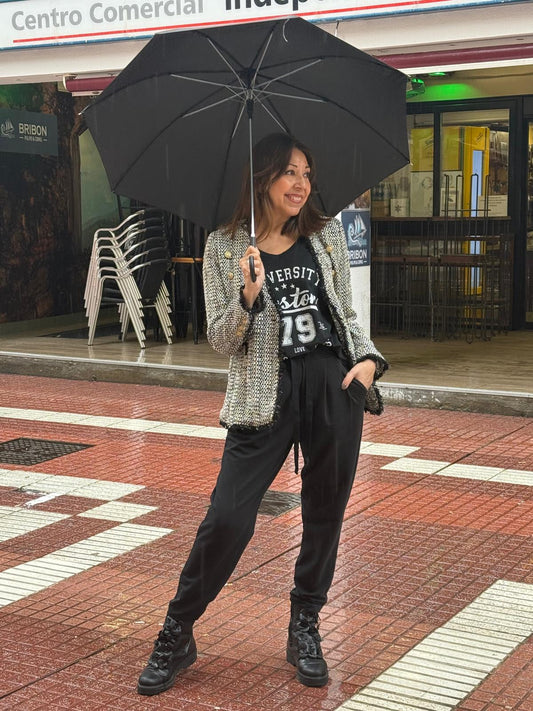 Blazer Tweed con Flecos y Botones Dorados