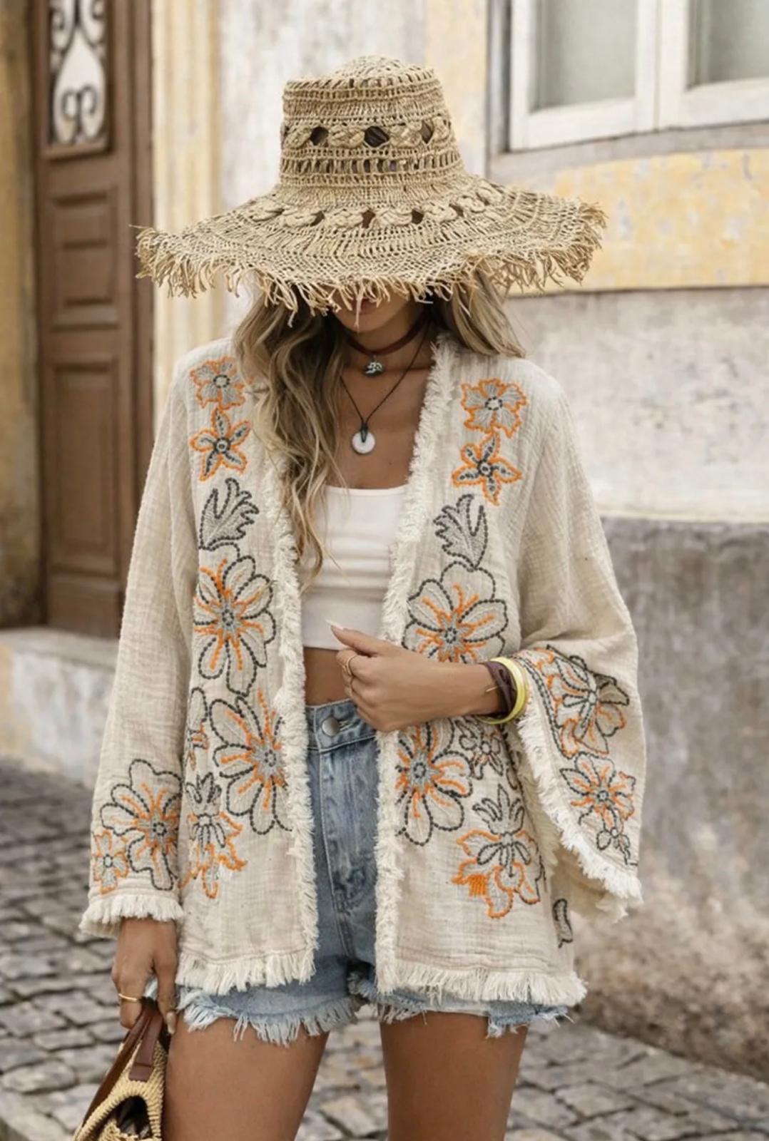 Kimono Florencia - Bordado Floral Multicolor con Flecos