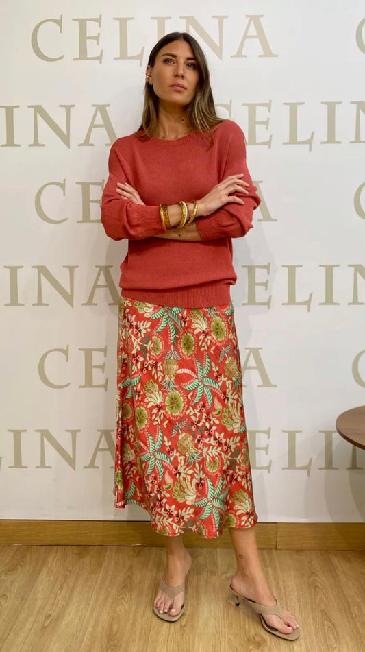 Falda midi satinada estampado tropical