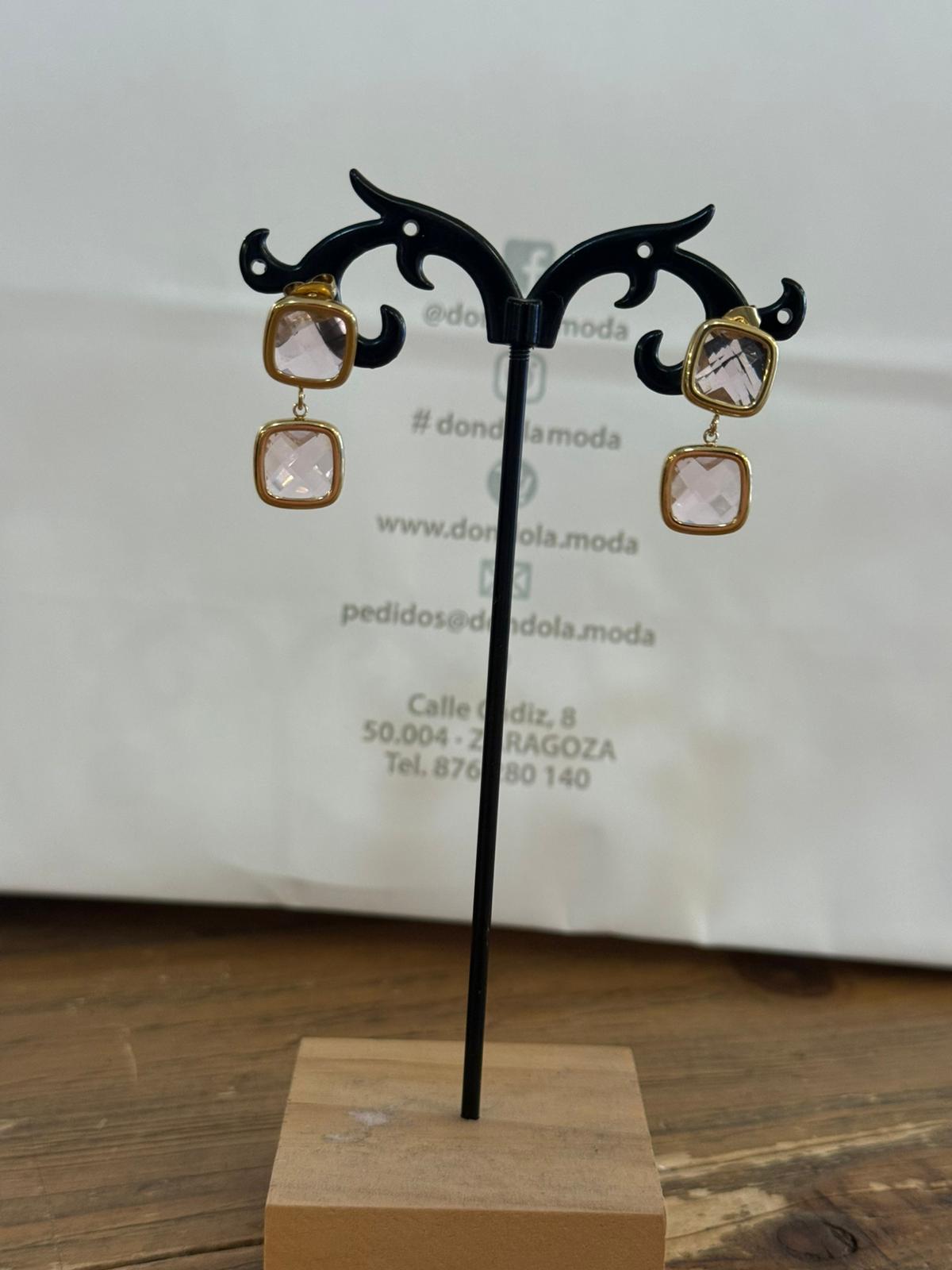 Pendientes Dobles Piedra Cuadrada Facetada con Montura Dorada