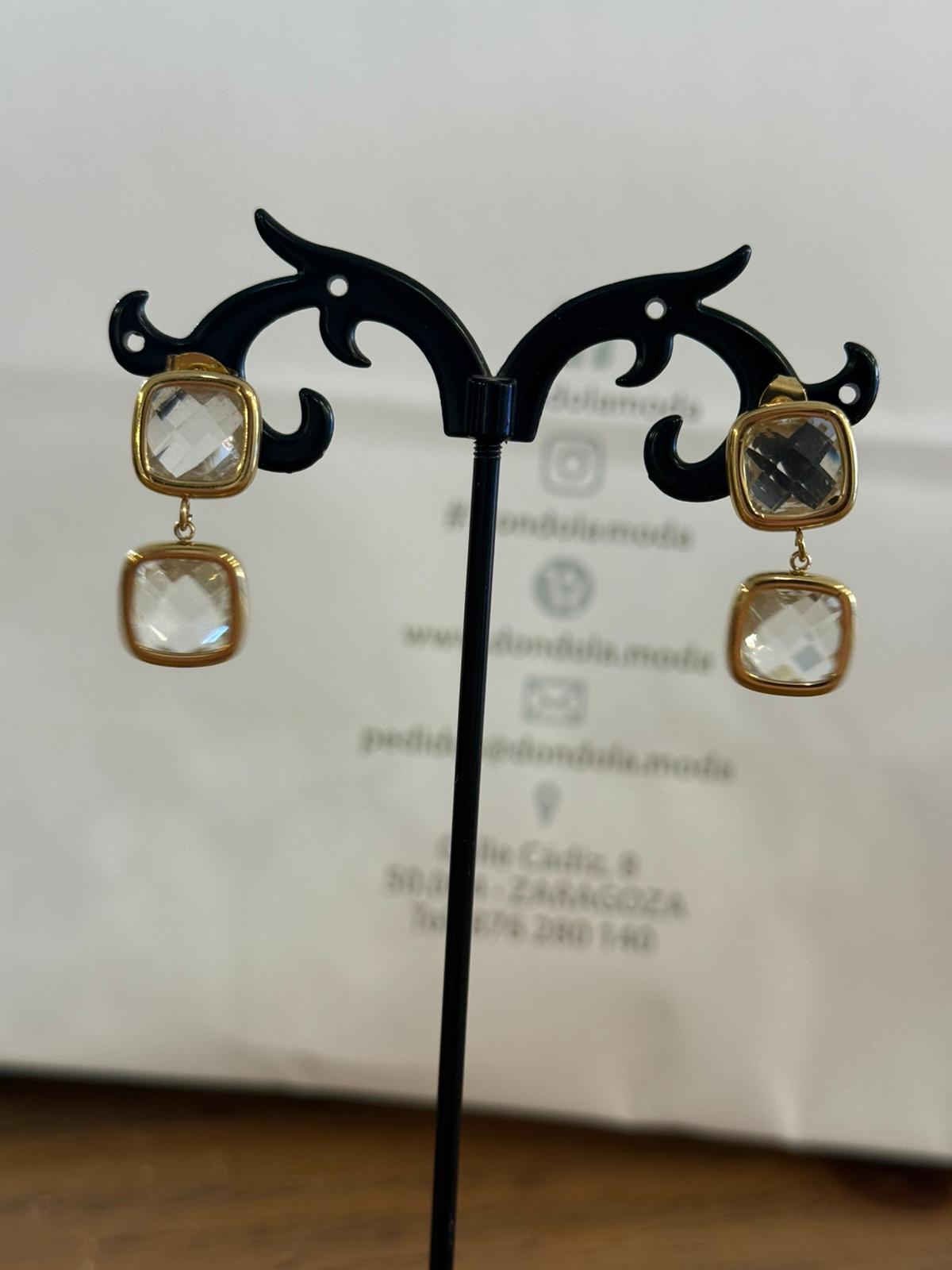 Pendientes Dobles Piedra Cuadrada Facetada con Montura Dorada