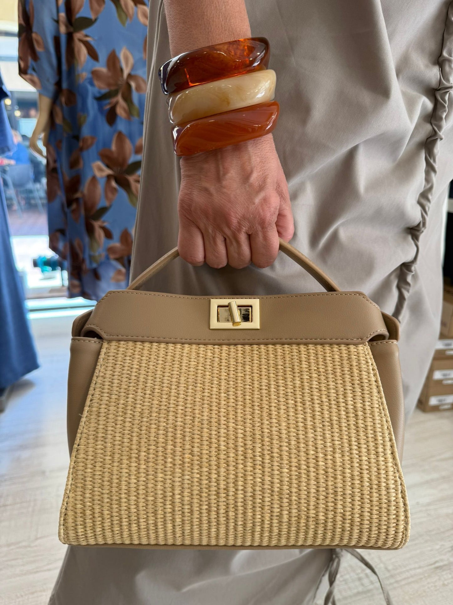 Bolso Rafia Combi Piel Sintética Topo