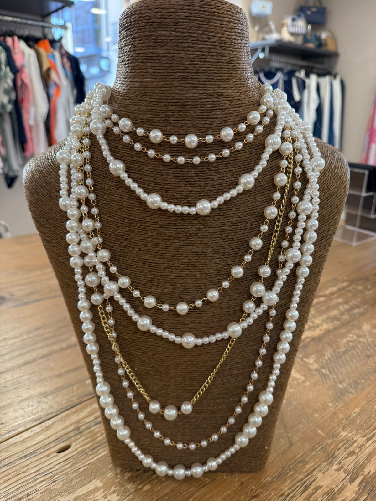 Collar varias vueltas de Perlas y Cadena Dorada