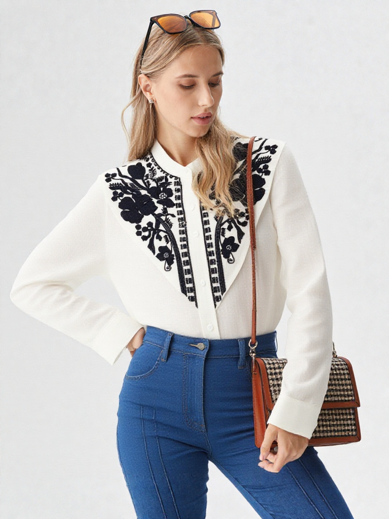 Camisa Blanca con Bordado Floral Navy en Canesú