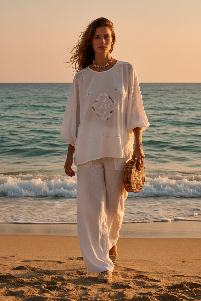 Blusa blanca calada - playa mediterránea