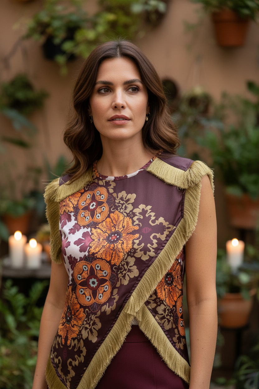 Blusa estampada burdeos flecos