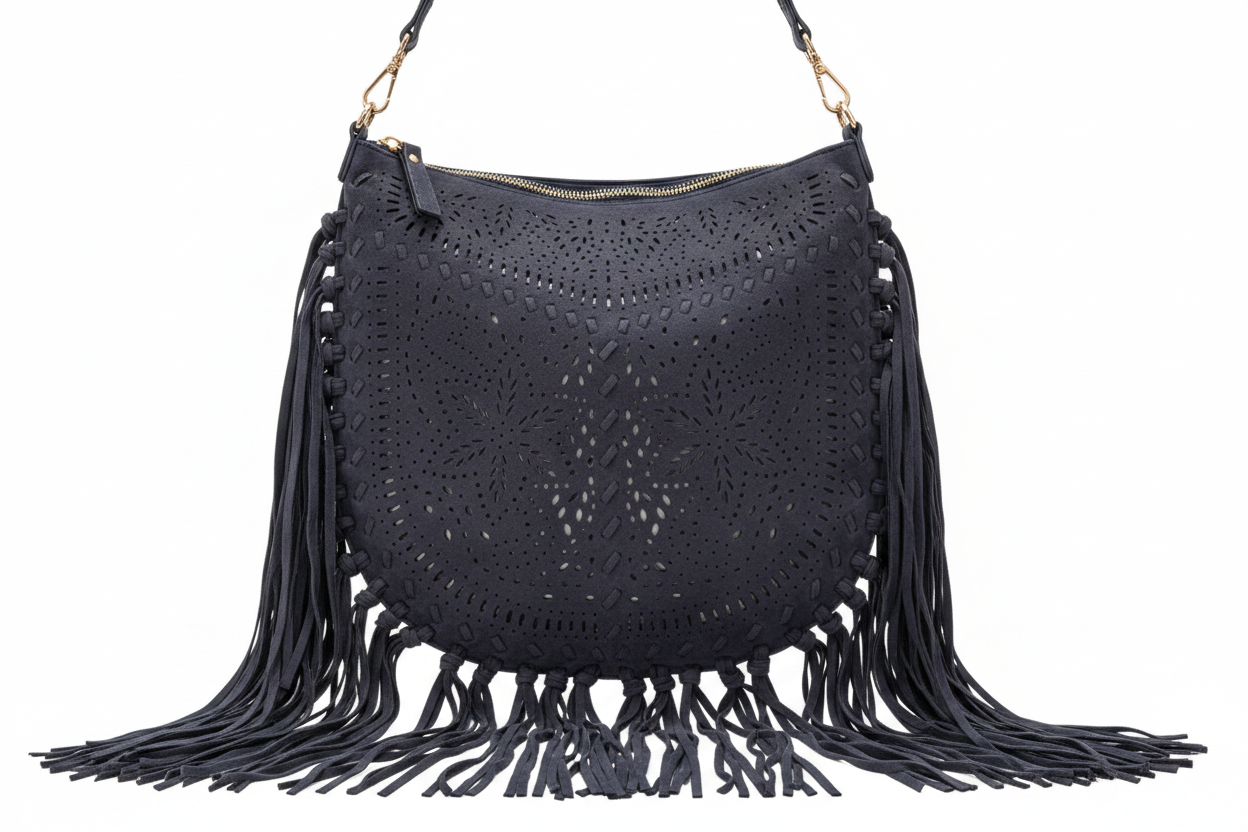 Bolso boho flecos azul marino sin fondo