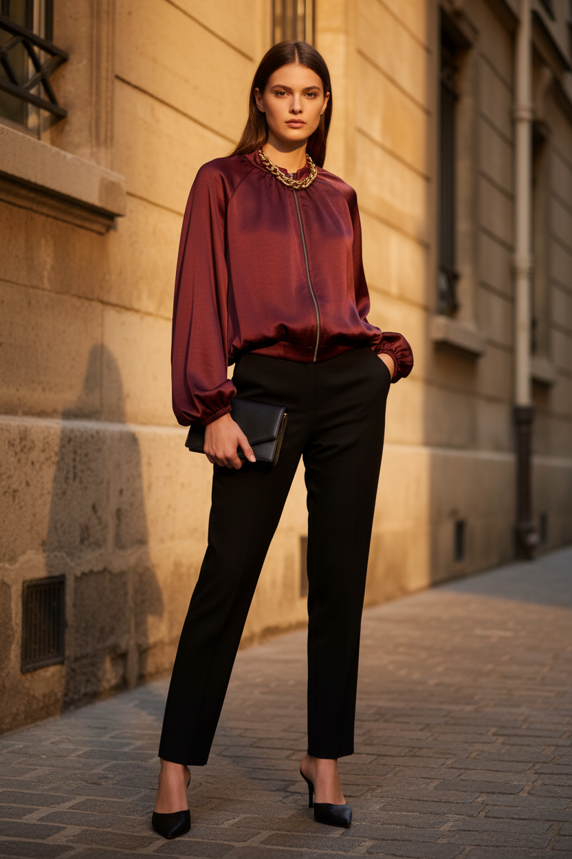 Bomber satinada burdeos look 1