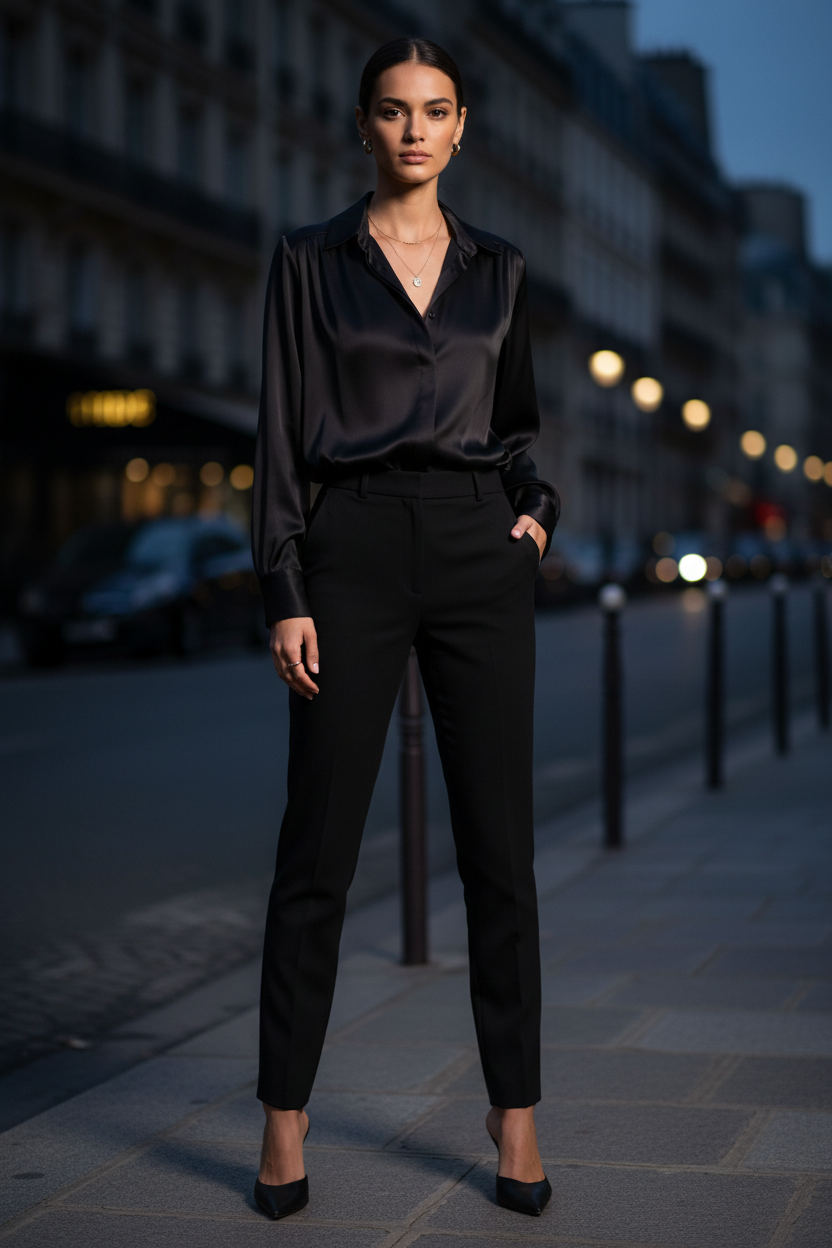 Camisa Satinada Negra — Look