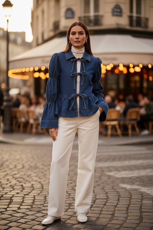 Camisa vaquera cerrada con lazos y camiseta cuello alto debajo