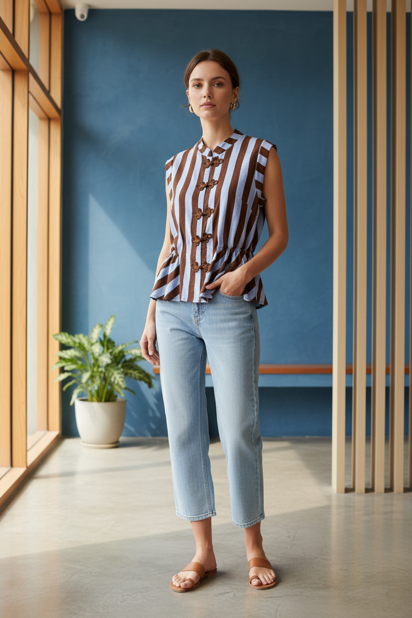 Chaleco azul marrón cuerpo entero entorno madera