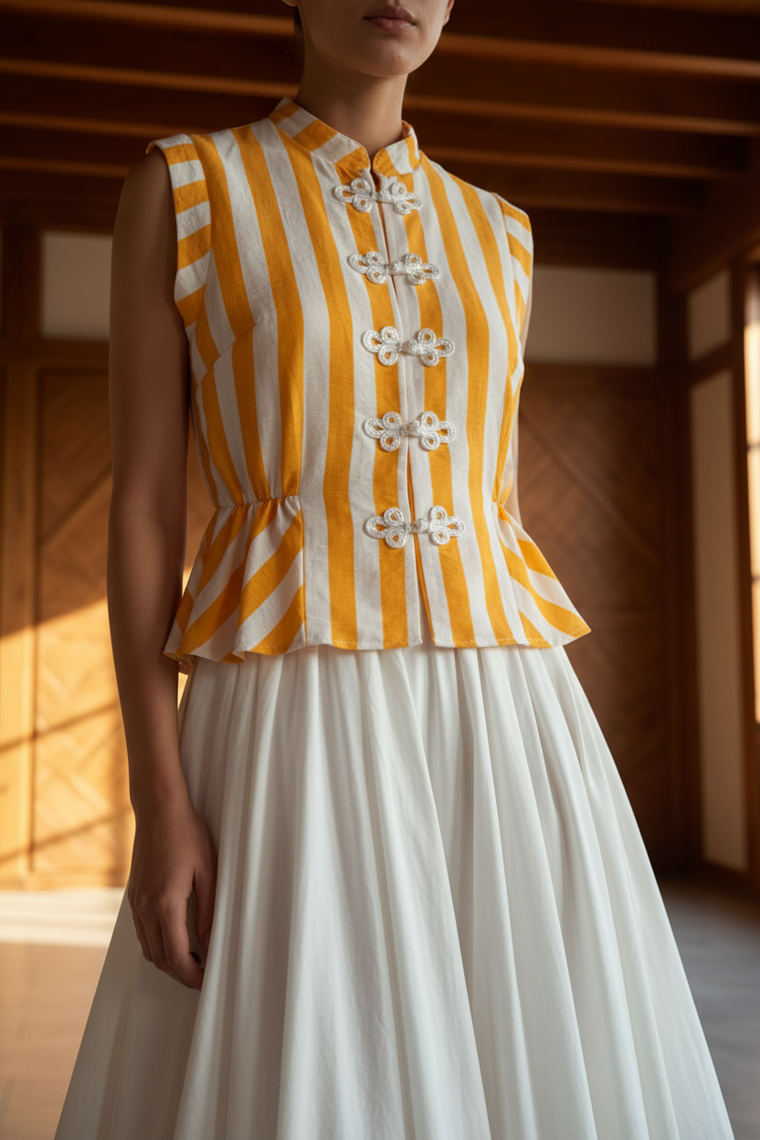 Chaleco naranja blanco primer plano falda blanca