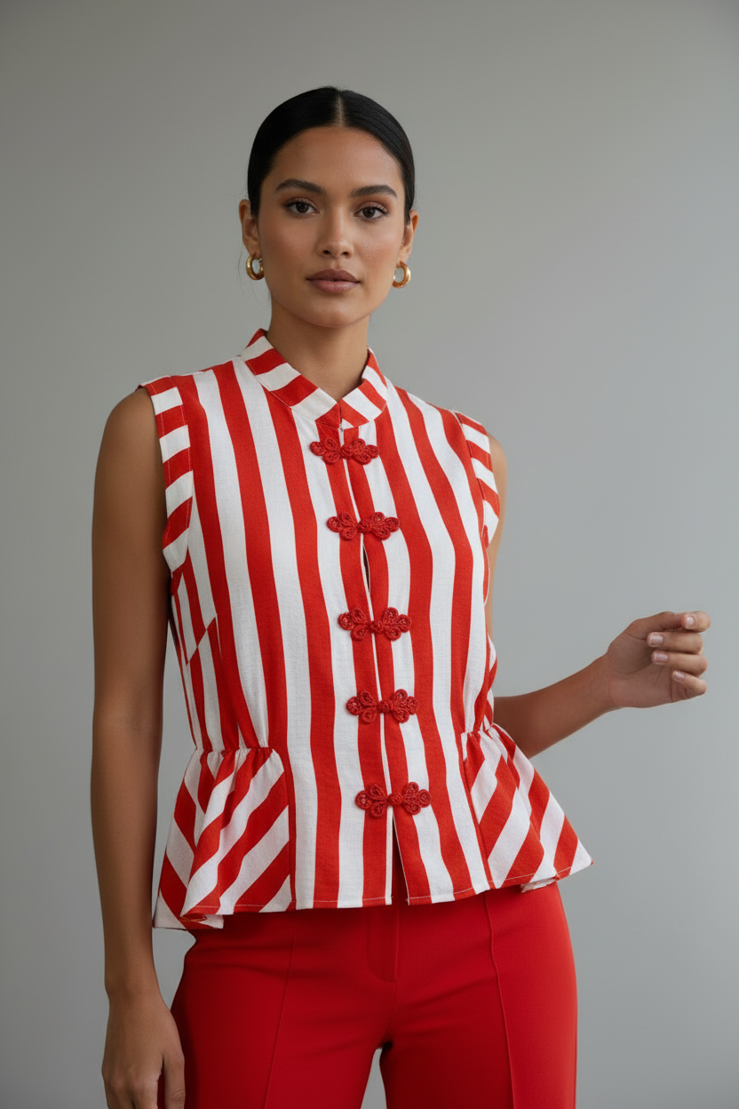 Chaleco Oriental primer plano con pantalón rojo