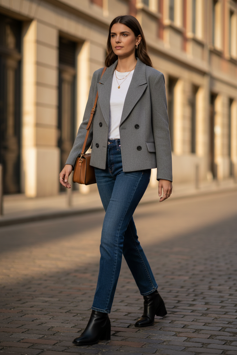 Chaqueta cruzada gris look 2