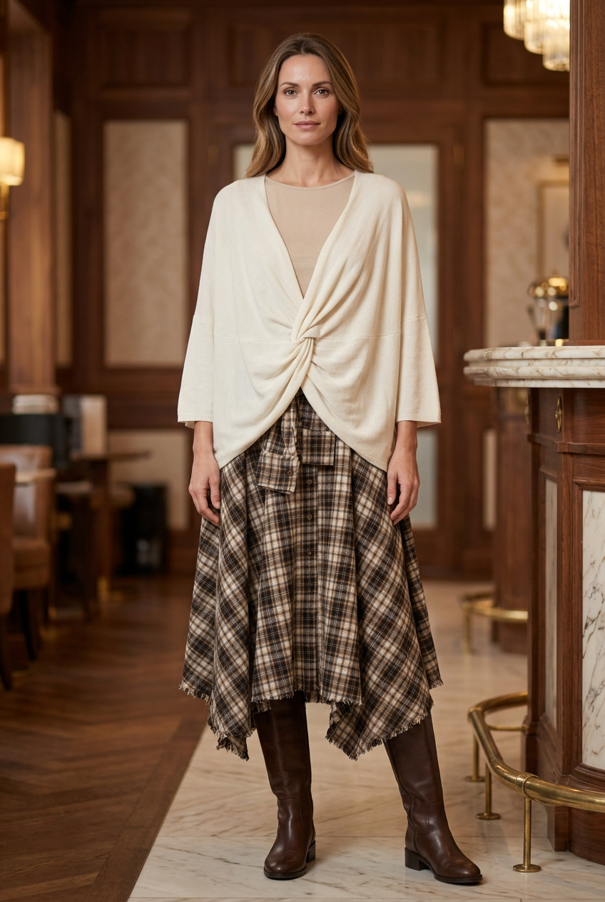 Conjunto con poncho crudo de manga tres cuartos, camiseta beige y falda de cuadros, con botas de montar en un ambiente VIP