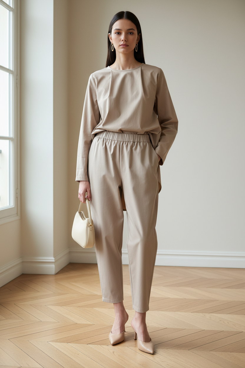 Conjunto Gabardina Nude - Pantalón Barrel