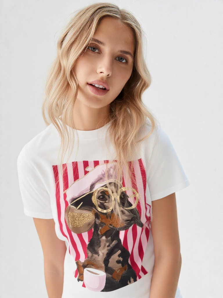 Camiseta Blanca con Estampado Dachshund Glam