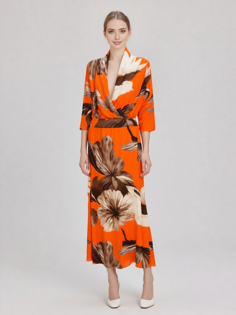 Blusa Floral Tropical con Cuello Vuelto y Manga 3/4 (Conjunto)