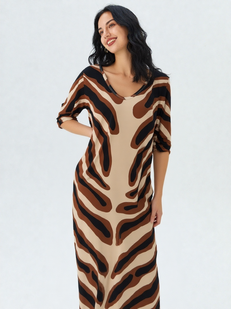 Vestido Maxi punto de seda Print Ondas — Estampado Abstracto