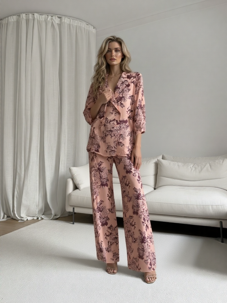 Conjunto de Traje Satinado con Estampado Floral
