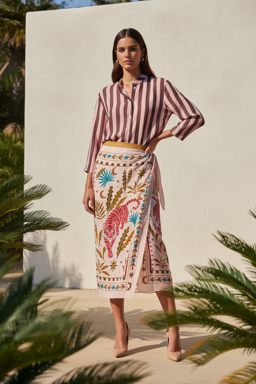 Falda pareo tigre con blusa rayas rosa y marrón, por dentro