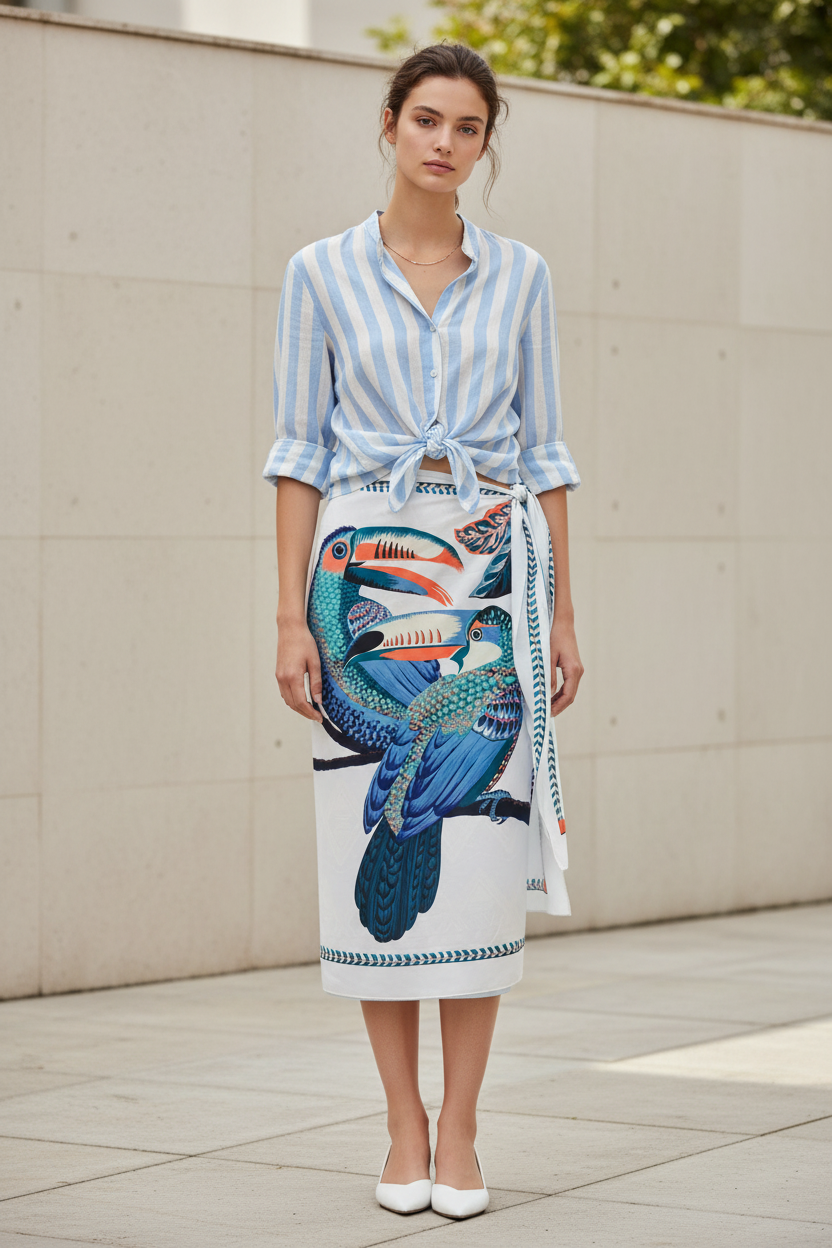 Falda pareo tucanes con camisa rayas azul celeste y blanco