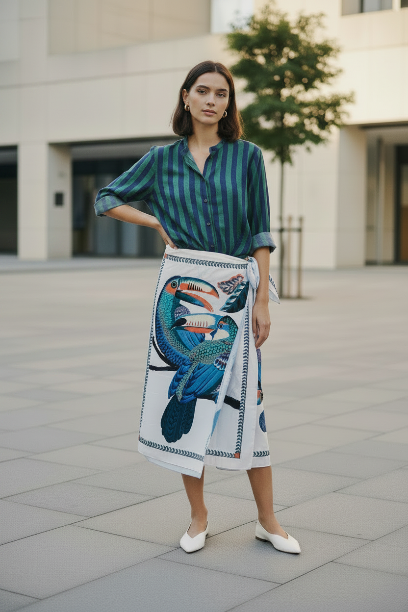 Falda pareo tucanes con camisa rayas verde y azul marino metida