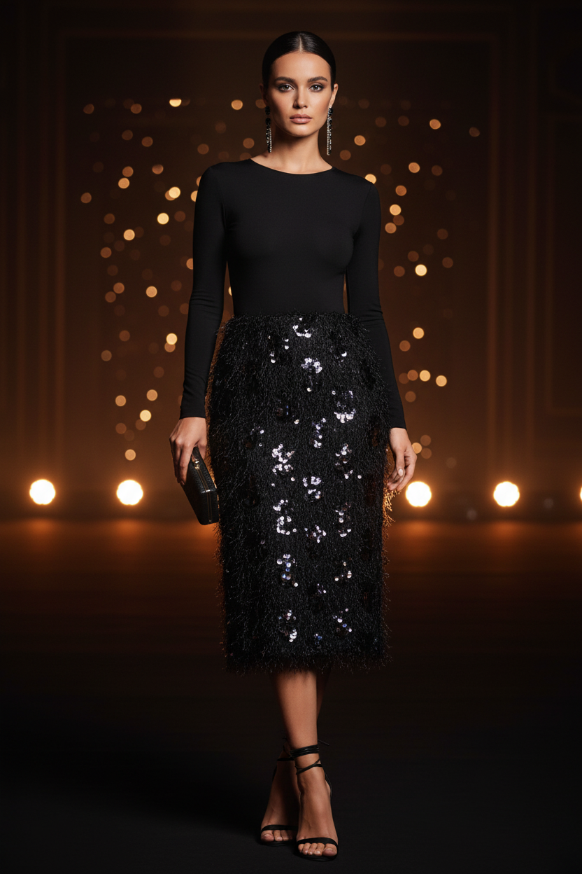 Falda tubo lentejuelas negras gala