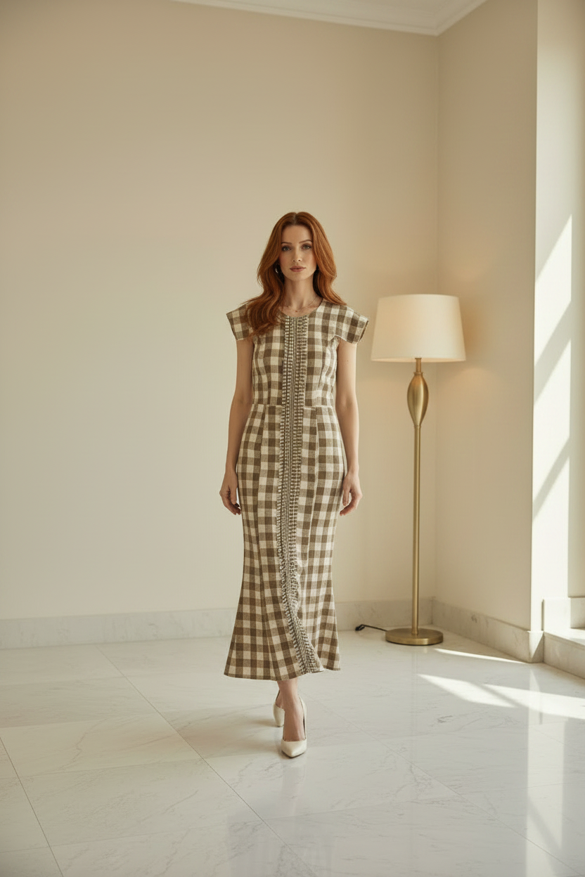 Vestido largo cuadros topo y crudo, modelo pelirroja pose en movimiento, cuerpo entero