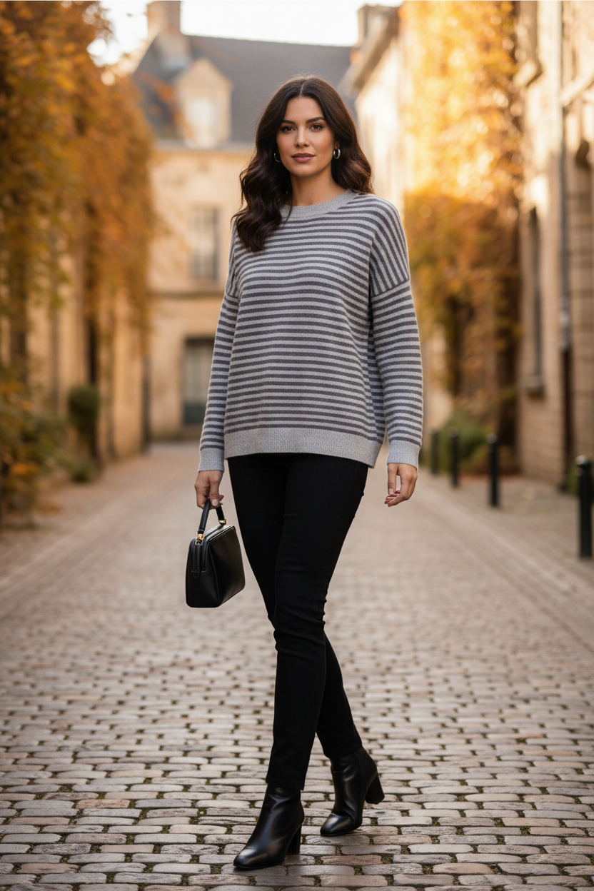 Jersey rayas gris sin lazo look otoñal
