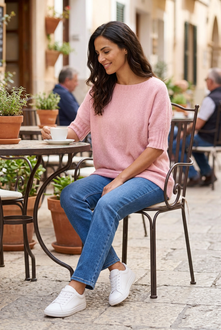 Jersey rosa con vaqueros en terraza