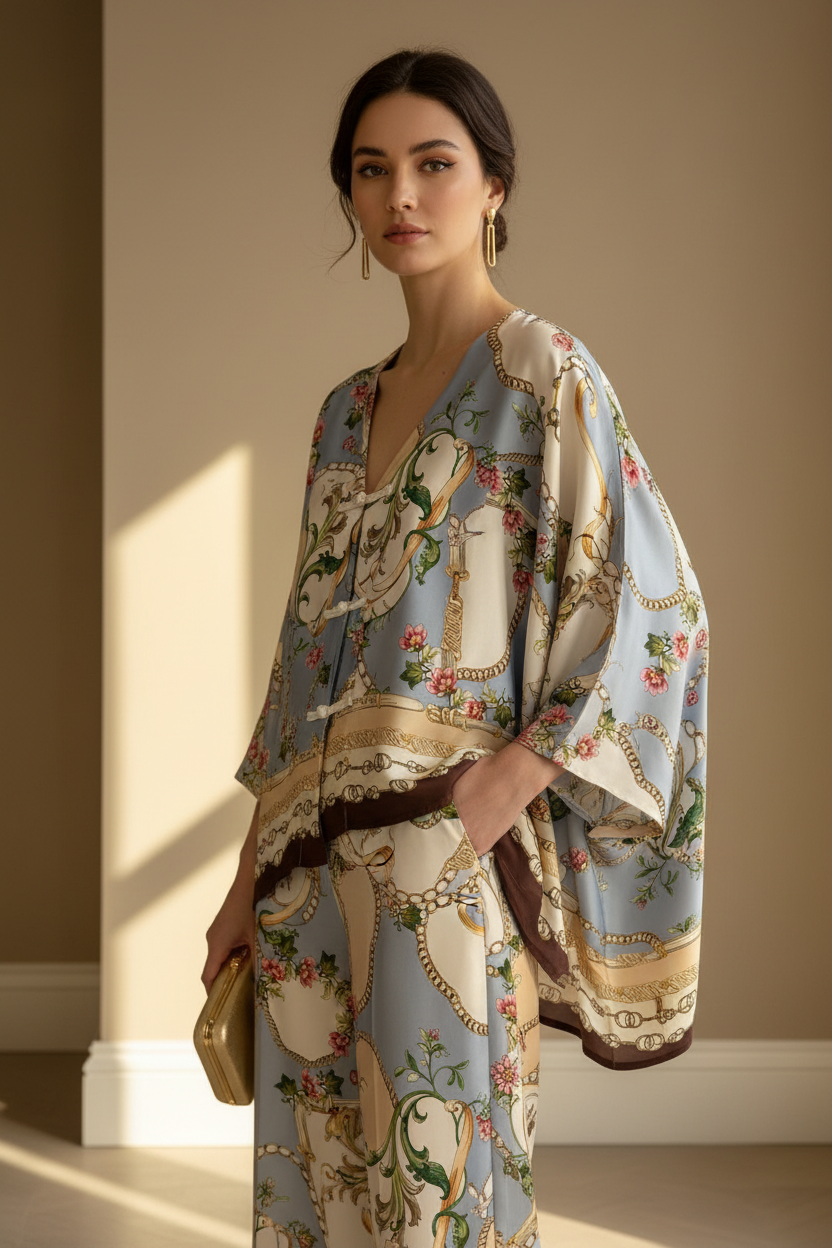 Kimono oriental satinado floral cadenas