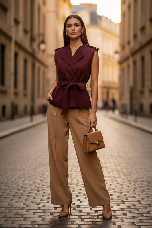 Look chaleco burdeos sin solapa + pantalón camel