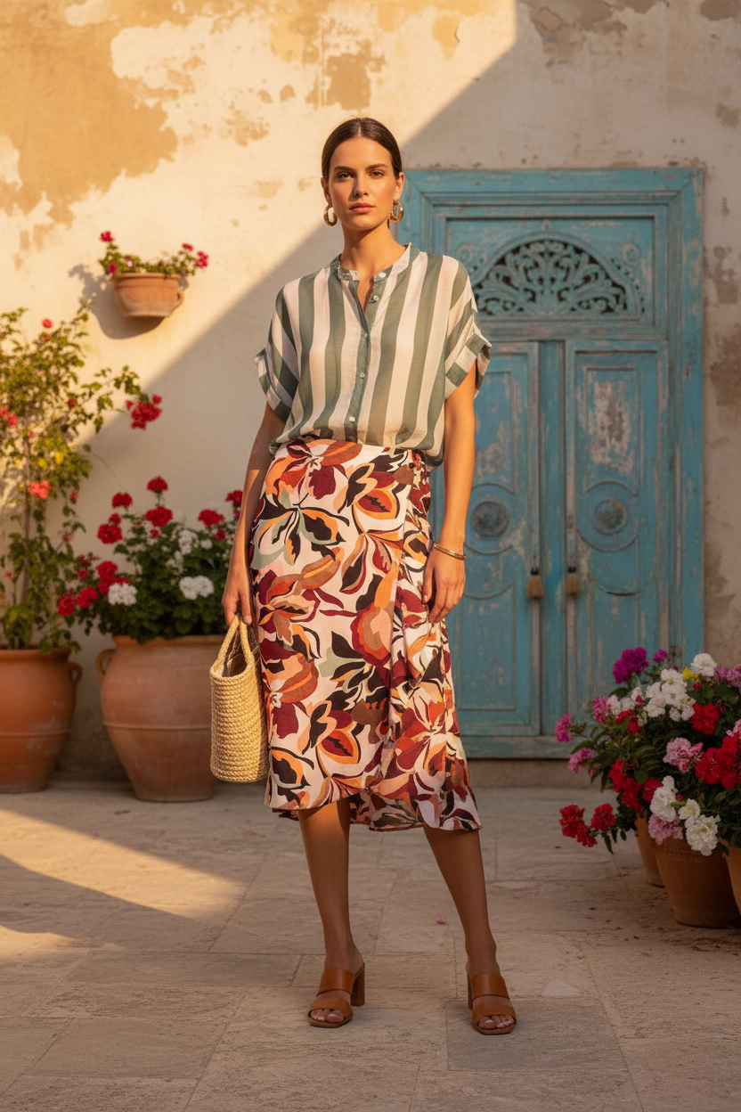 Look combinado falda pareo + blusa rayas