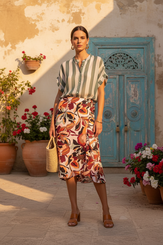Look combinado falda pareo + blusa rayas