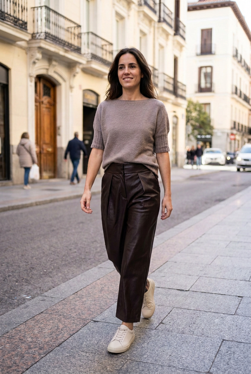 Look con pantalón chocolate ligeramente más corto y bambas claras