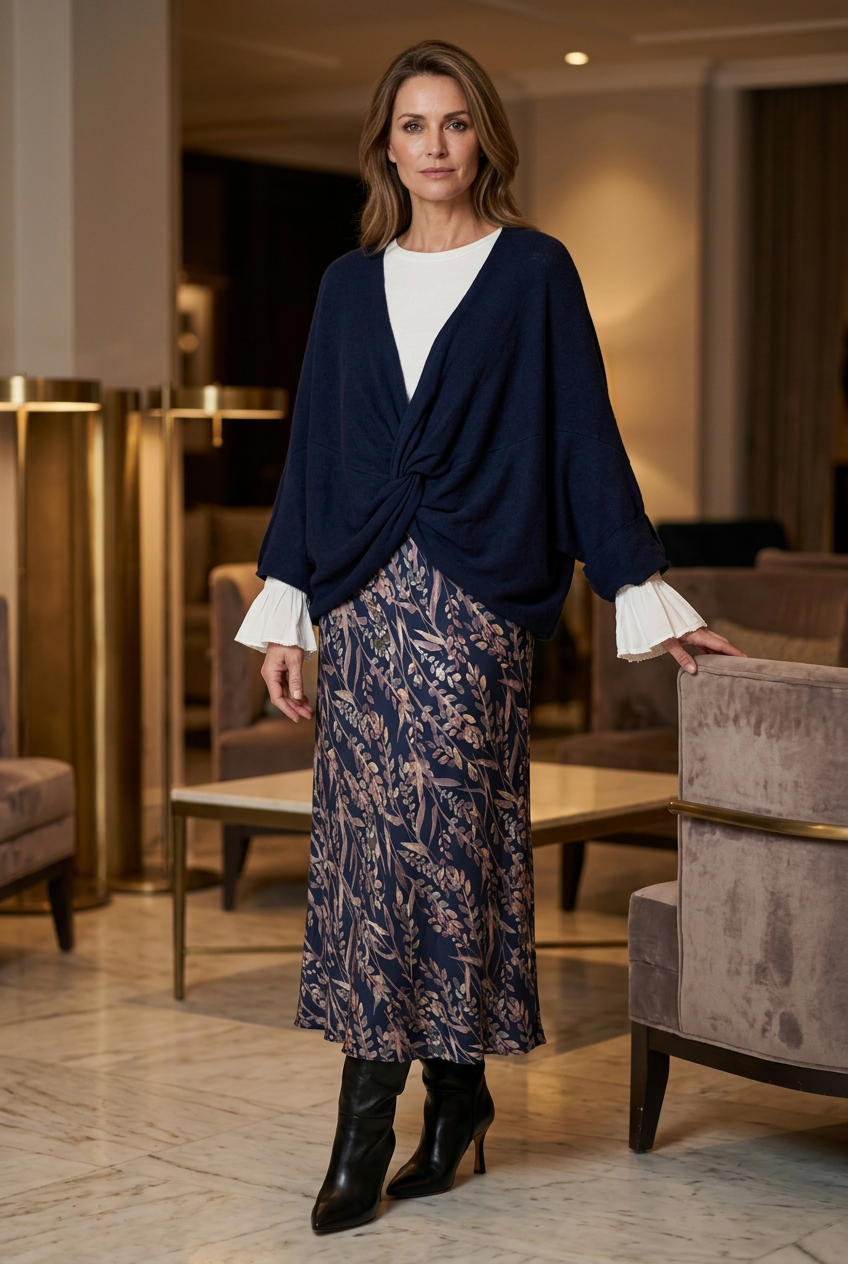 Look de referencia con poncho marino, camiseta con volantes en los puños y falda estampada, en una mujer de unos 40 años con botas altas en un salón VIP