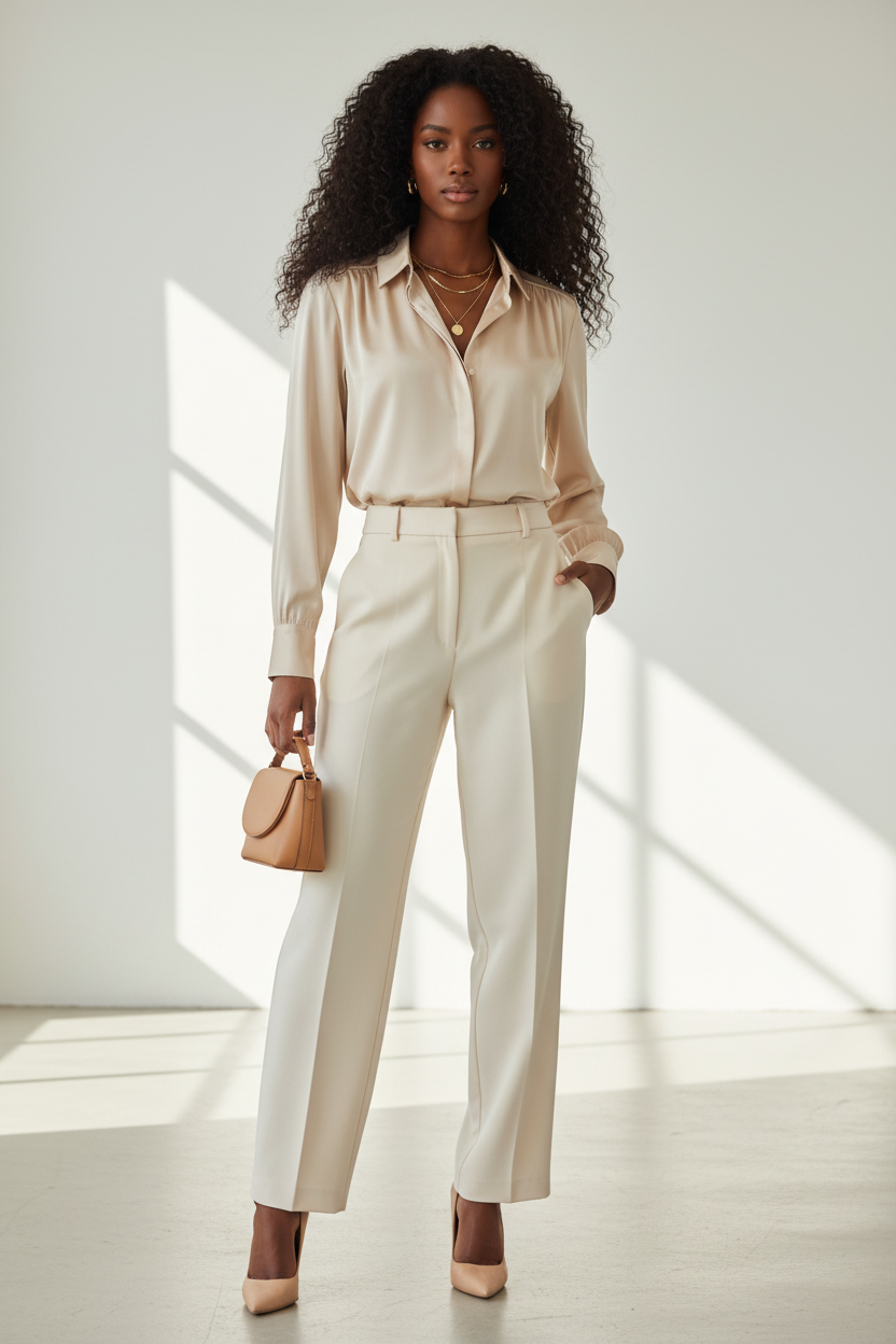Look modelo negra camisa champán