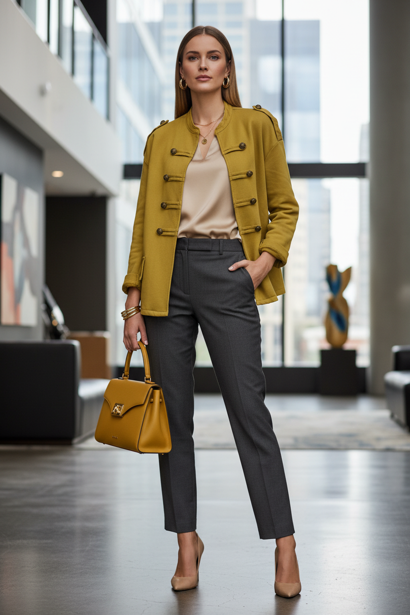Modelo blanca con pelo liso y chaqueta militar mostaza