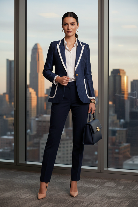 Modelo blazer navy con camisa abotonada
