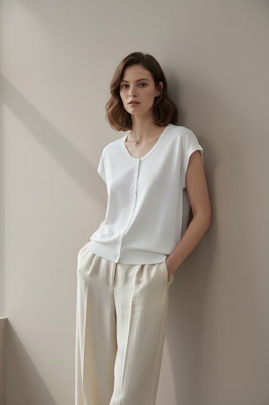 Modelo cárdigan blanco abrochado