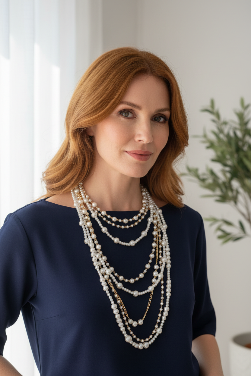 Collar varias vueltas de Perlas y Cadena Dorada
